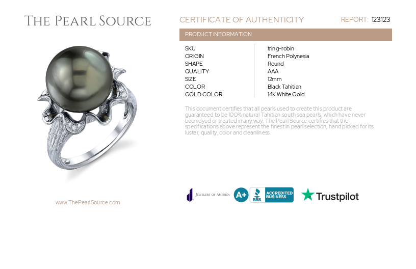 Tahitian South Sea Pearl & Diamond Robin Ring-Certificate
