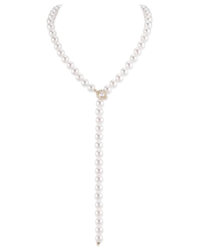 8.0-8.5mm White Freshwater Pearl & Diamond Adjustable lariat Y-Shape 51 Inch Necklace- AAAA Quality - Third Image