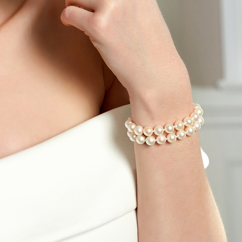 7.0-7.5mm White Freshwater Double Pearl Bracelet with 14K Gold Clasp - Model Image