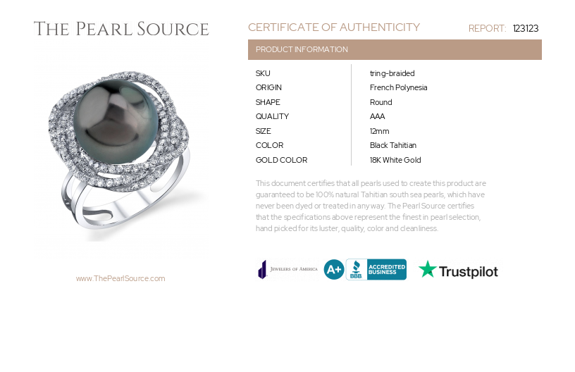 Tahitian South Sea Pearl & Diamond Braided Ring-Certificate