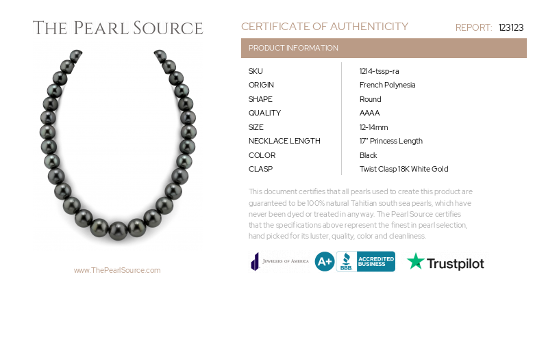 12-14mm Tahitian South Sea Pearl Necklace - AAAA Quality-Certificate