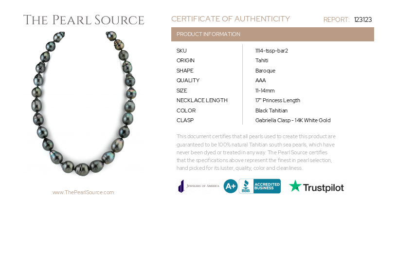 11-13mm Tahitian South Sea Baroque Pearl Necklace-Certificate