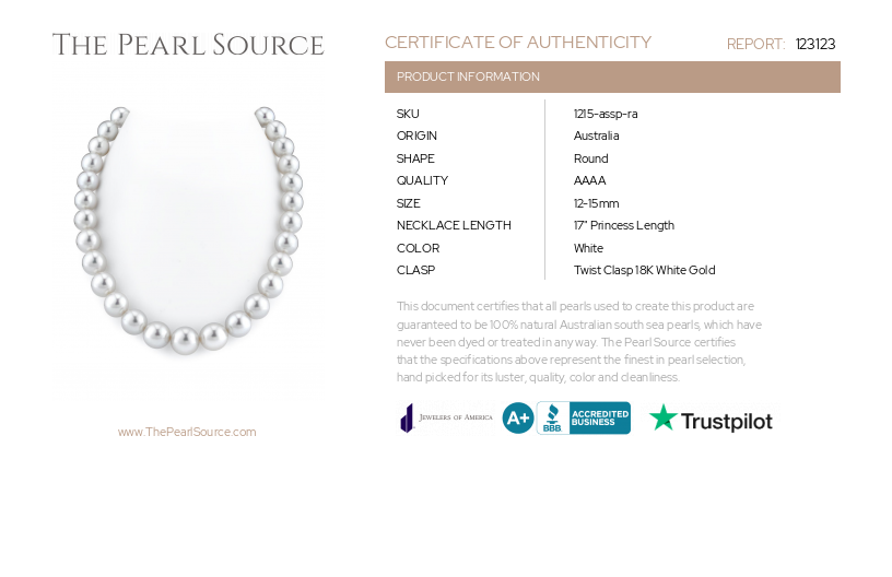 12-15mm White South Sea Pearl Necklace - AAAA Quality-Certificate