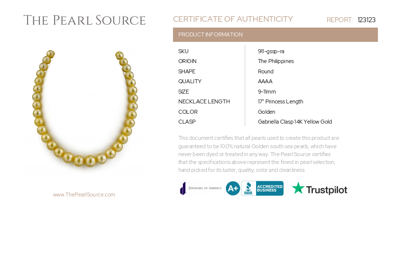 9-11mm Golden South Sea Pearl Necklace - AAAA Quality-Certificate