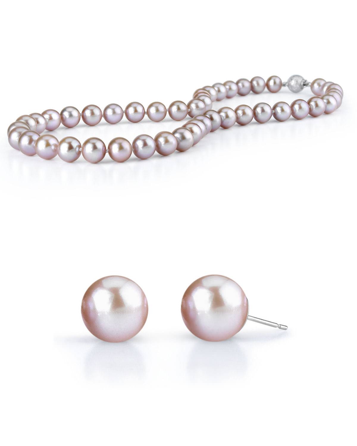 Ожерелье из розового пресноводного жемчуга диаметром 7-8 мм и подходящие серьги-гвоздики с розовым жемчугом от The Pearl Source.