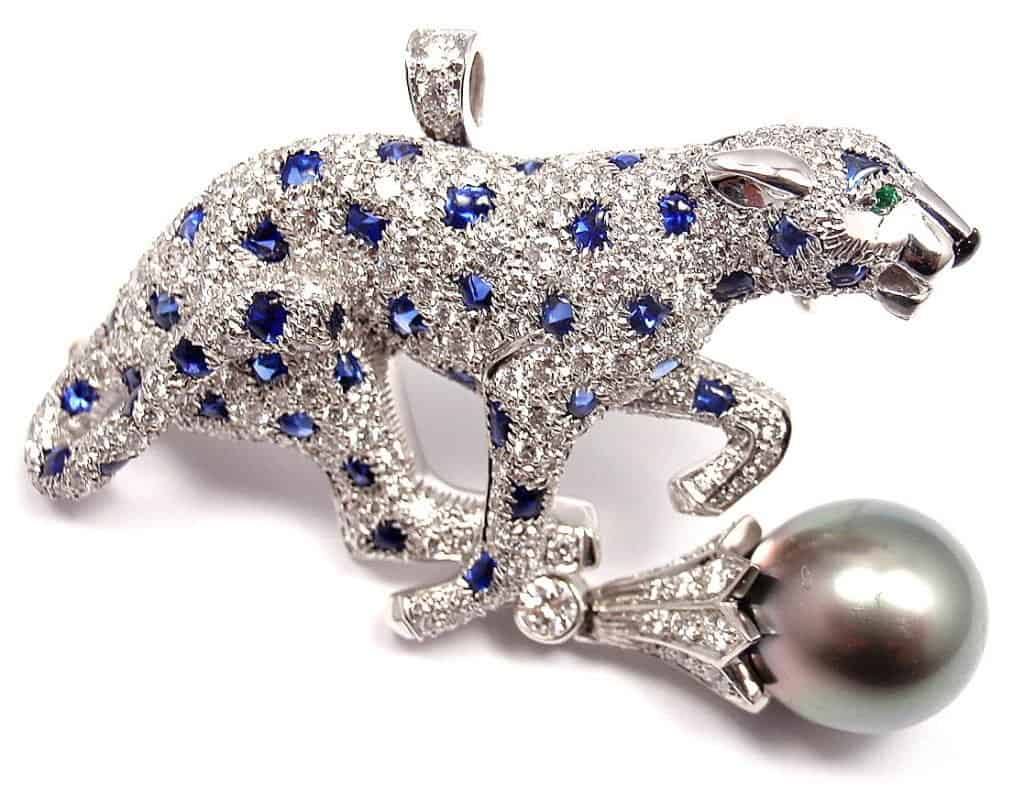Isn't this Platinum Panther Diamond, Sapphire &amp; Pearl Brooch just absolutely astounding?