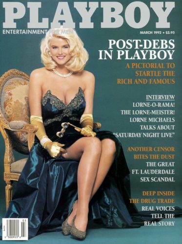 Anna Nicole Smith graces this cover of Playboy magazine wearing a sexy strapless dress, long gloves, and pearl necklaces and layered pearl bracelet.