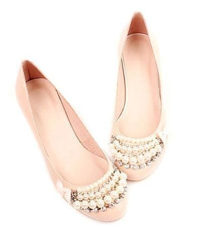 Sweet Pink Round Toe Flat Sheepskin Pearl Prom Shoes