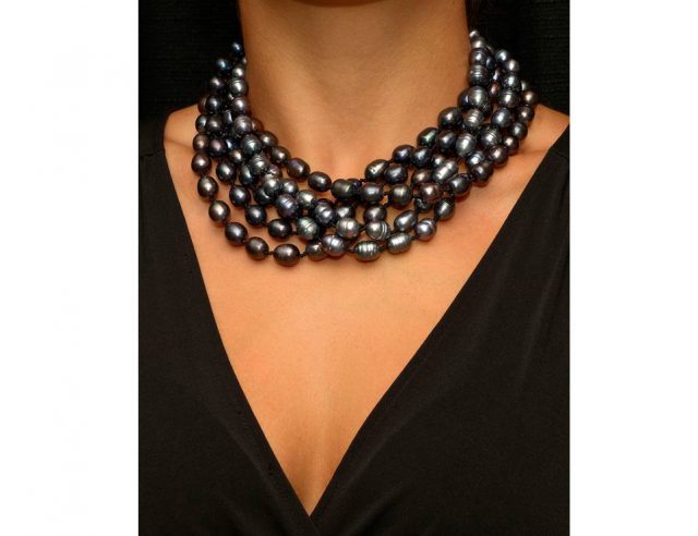 Multi-strand Black Freshwater Pearl Necklace Summer Wedding Party 