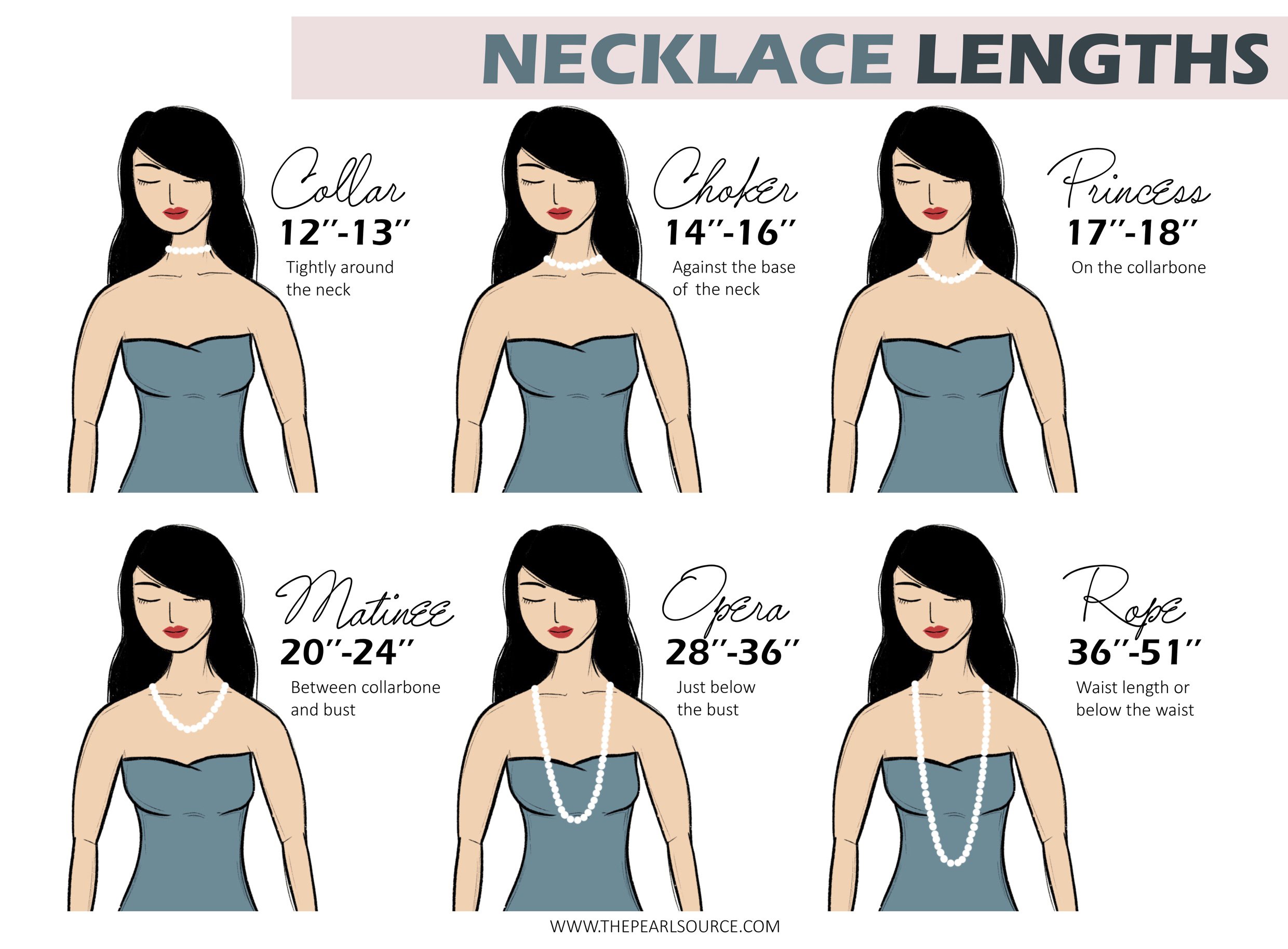 Necklace length guide vector illustration, beautiful blonde woman in golden  chains accesory in pink party dress chat design Stock Vector | Adobe Stock