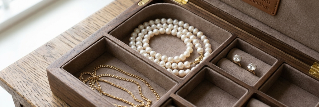 A string of pearls is kept properly in a felt-lined jewelry box.