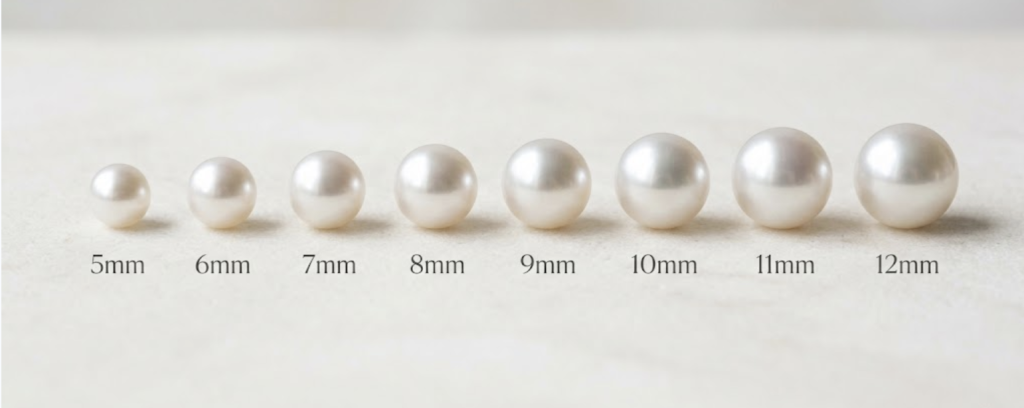 A graph showing a lineup of pearls of different sizes, ranging from 5mm to 12mm
