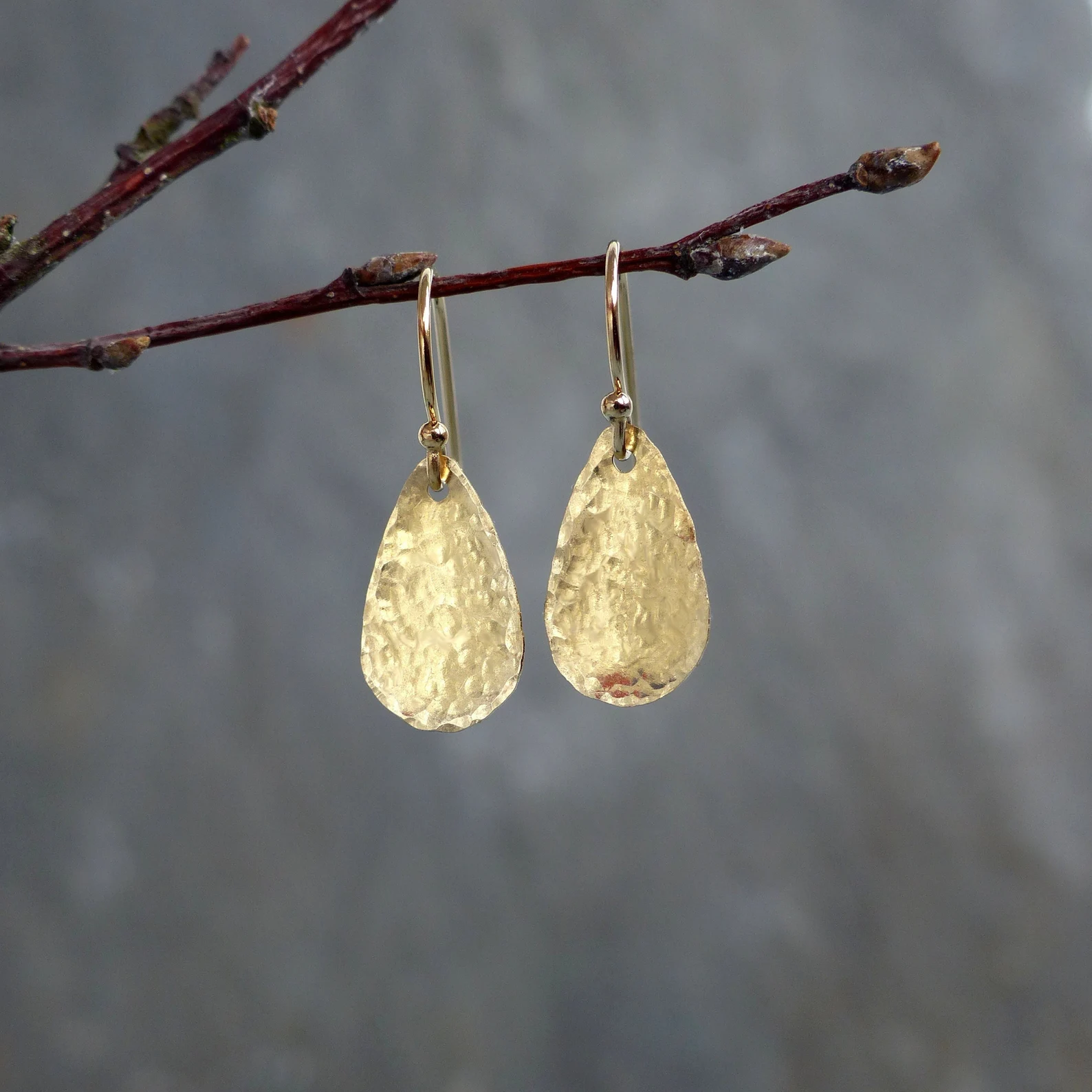 Hammered brass petal-shaped drop earrings on gold-tone hooks, hanging from a bare branch against a soft gray background.
