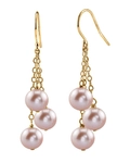 14K Gold Pink Freshwater Pearl Dangling Cluster Earrings