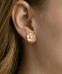White Freshwater Button-Shape Cultured Pearl on Mother of Pearl Flower Lotus Earrings - Secondary Image