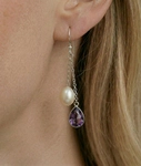 White Freshwater Drop Shape Cultured Pearl & amethyst Earrings - Secondary Image