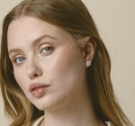 Pink Freshwater Button-Shape Cultured Pearl on Mother of Pearl Flower Lotus Earrings - Model Image