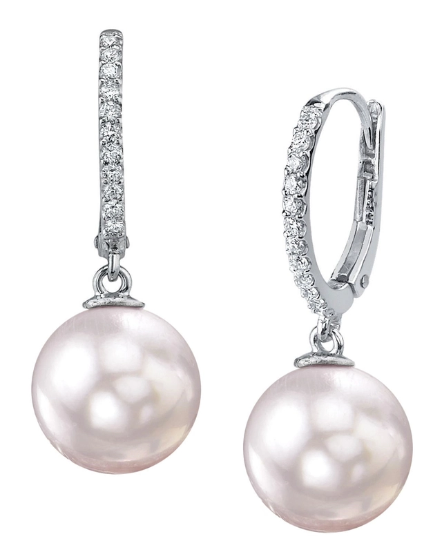 Japanese Akoya Certified Hanadama Pearl & Diamond Huggie Aurora Leverback Earrrings - Model Image