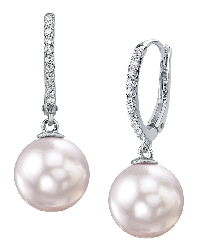 Japanese Akoya Certified Hanadama Pearl & Diamond Huggie Aurora Leverback Earrrings
