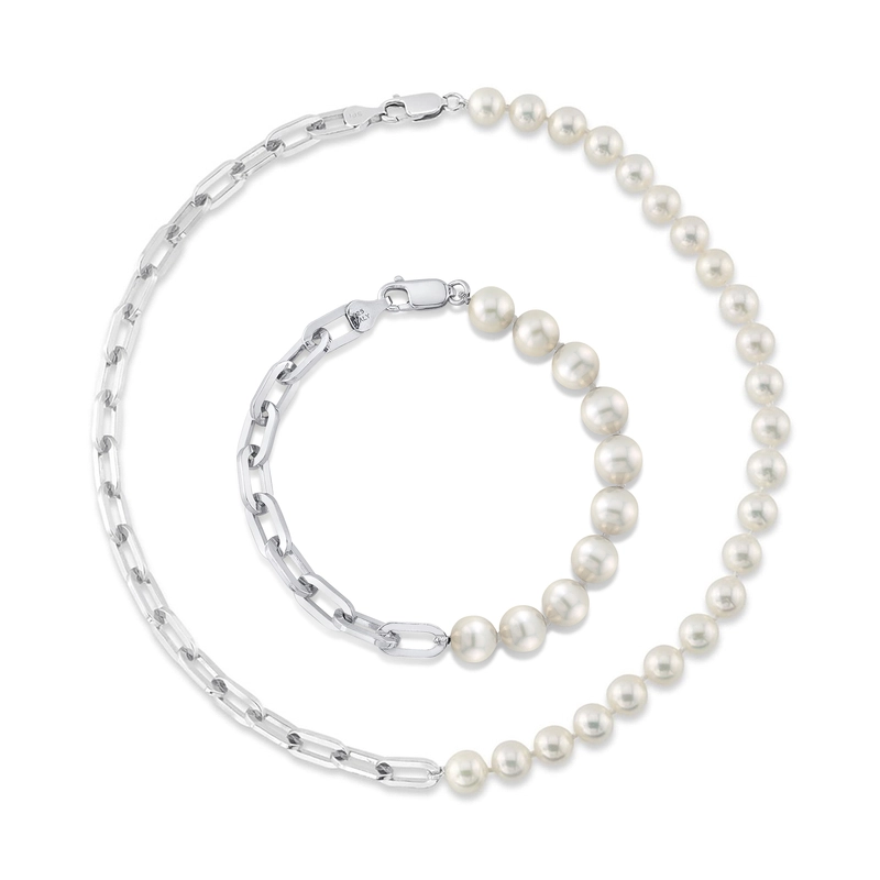 7mm White Freshwater Scarlett Pearl & Chain Necklace, Bracelet Set