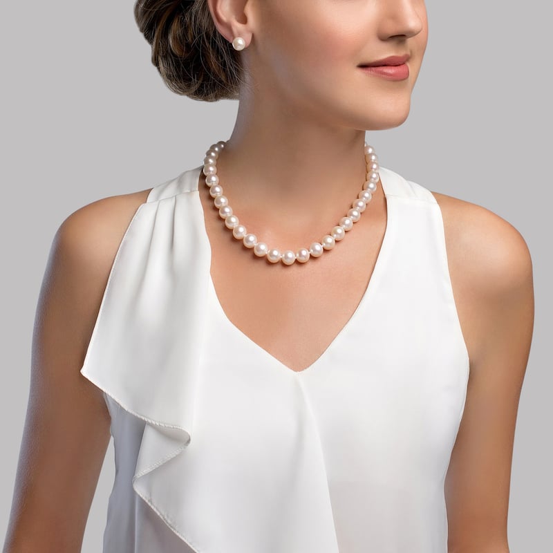 10.5-11.5mm White Freshwater Pearl Necklace- AAAA Quality - Model Image