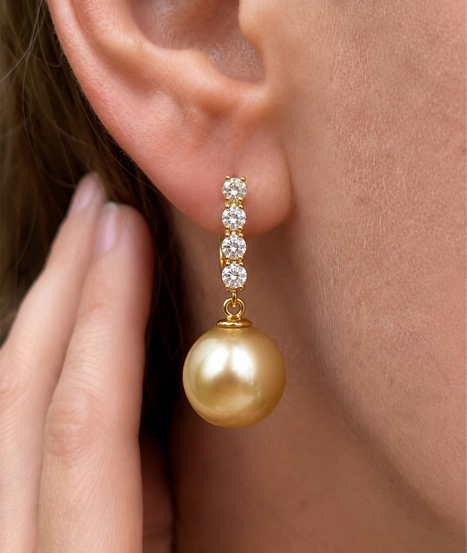 Golden South Sea Pearl & Diamond Belle Earrings - Secondary Image