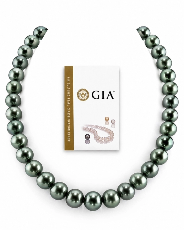 11-13mm Rare AAAA Quality Green Tahitian Round Pearl Necklace - GIA Certified