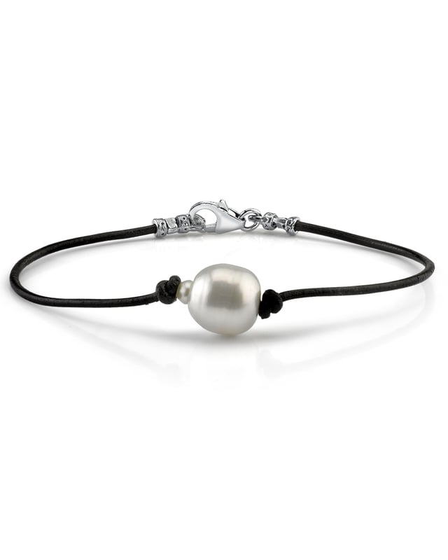 THE PEARL SOURCE Sterling Silver 11-12mm Baroque Black Tahitian South Sea Cultured Pearl Leather Bracelet for Women 11-TLR-BR-WG-6.5