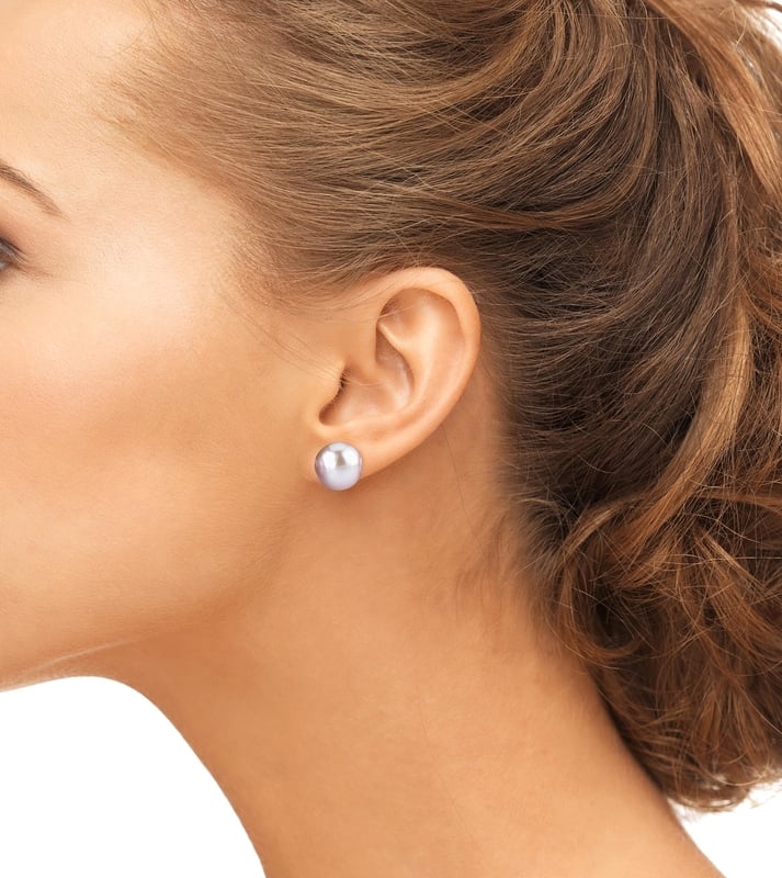 13mm Pink Freshwater Round Pearl Stud Earrings - Model Image