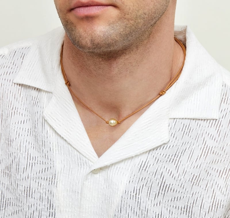 Golden Baroque Pearl Leather Adjustable Necklace for Men - Model Image