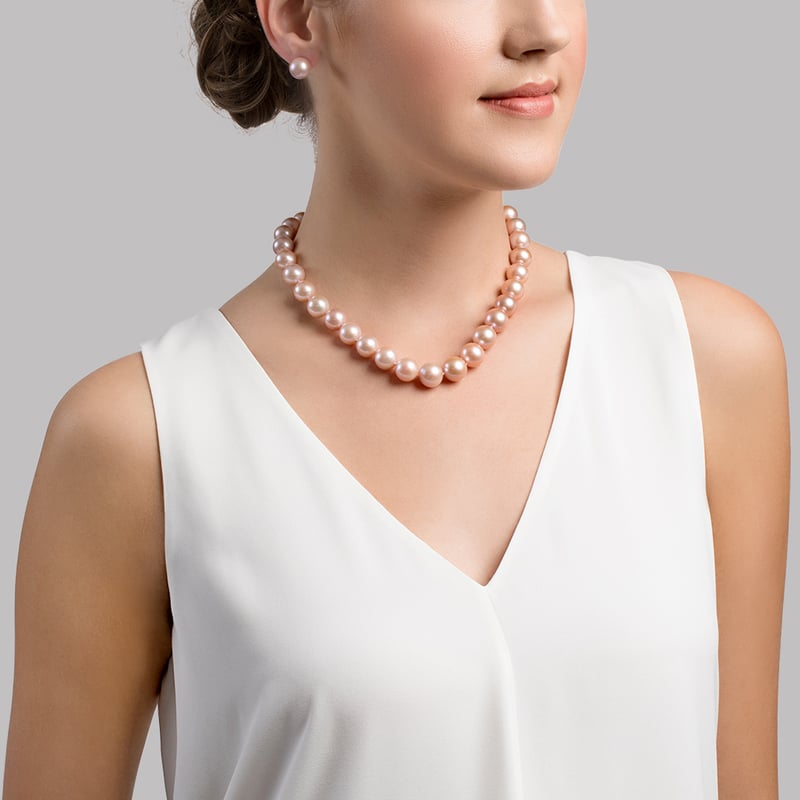 11.5-12.5mm Pink Freshwater Pearl Necklace - AAA Quality - Model Image