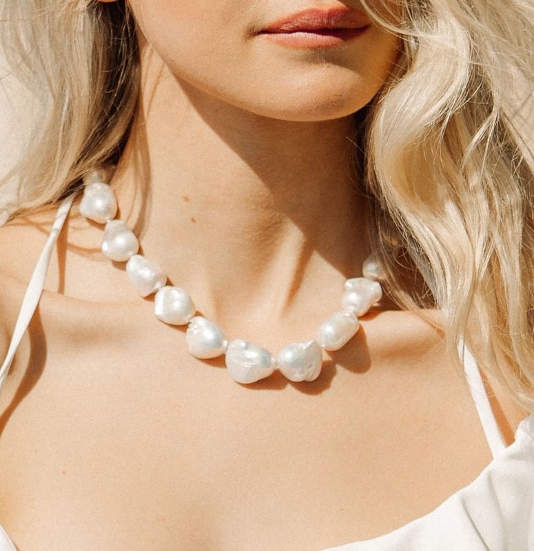 13-16mm White Baroque Freshwater Pearl Necklace - AAA Quality - Model Image