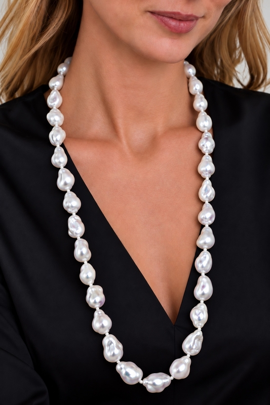 13-16mm Opera Length White Freshwater Baroque Pearl Necklace - AAA Quality - Model Image