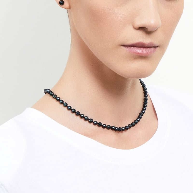 5.0-5.5mm Japanese Akoya Black Pearl Necklace- AA+ Quality - Model Image