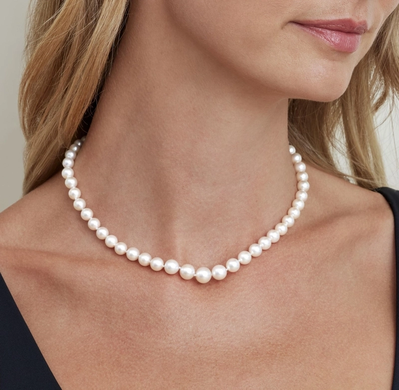 6.0-9.0mm Japanese Akoya White Graduated Pearl Necklace - AAA Quality - Model Image