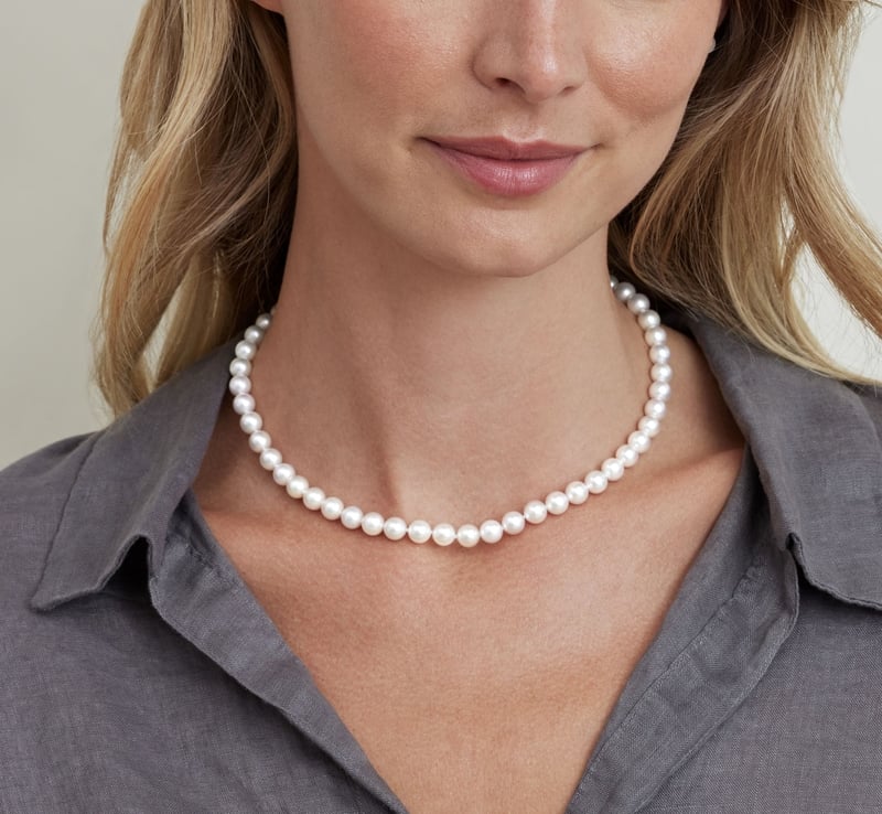 7.0-7.5mm Japanese Akoya White Pearl Necklace- AAA Quality - Model Image