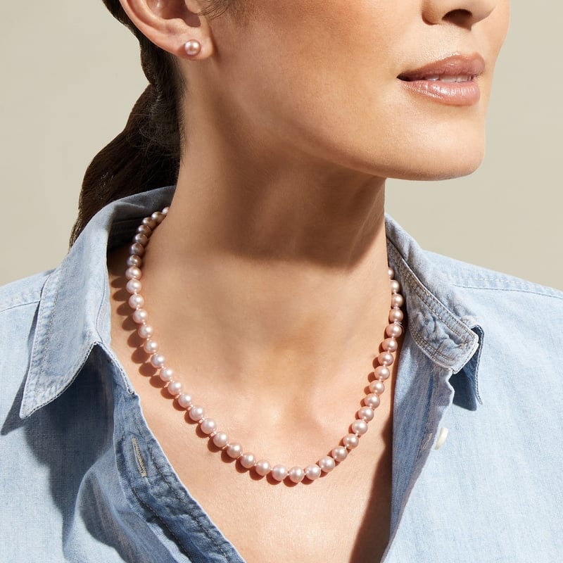 7.0-7.5mm Pink Freshwater Pearl Necklace & Earrings - Model Image