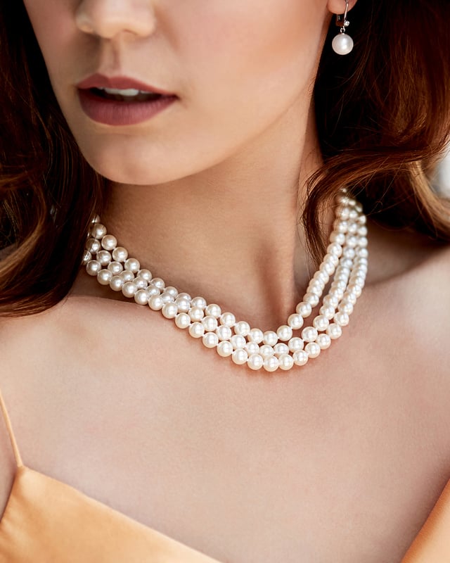 Triple Strand White Freshwater Pearl Necklace - Model Image