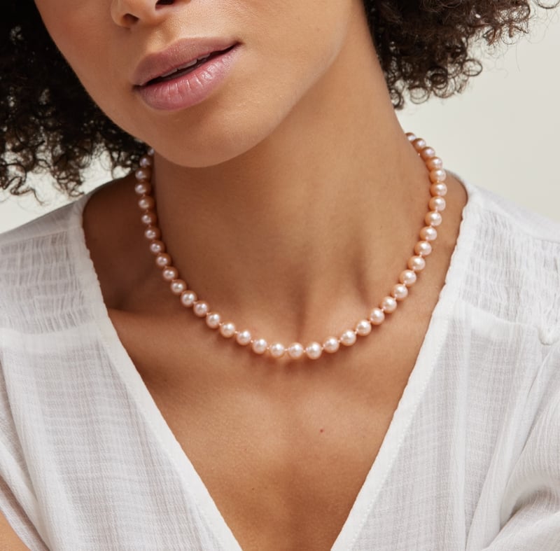 7.0-7.5mm Peach Freshwater Pearl Necklace - AAA Quality - Model Image