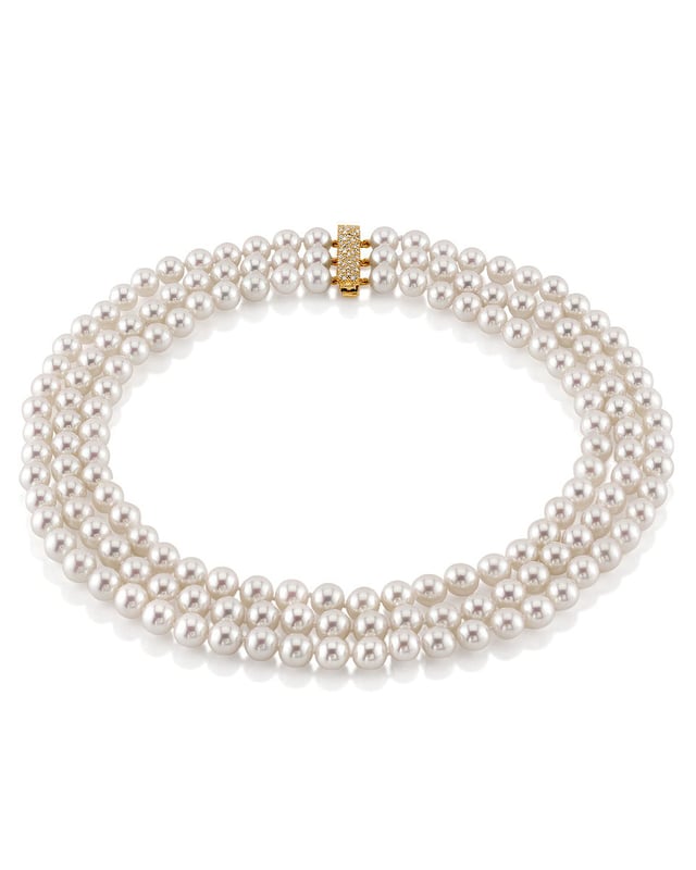 Hanadama Akoya White Pearl Triple Strand Necklace - Model Image