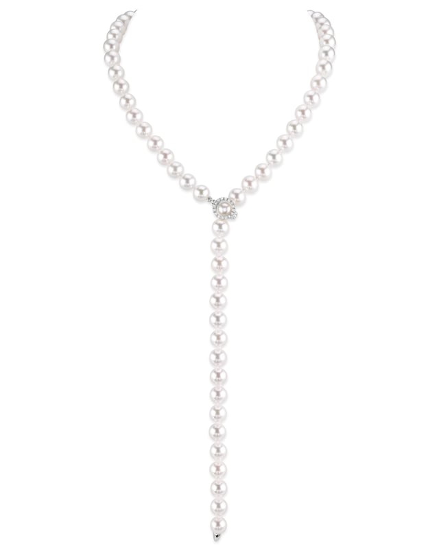 8.0-8.5mm Japanese Akoya White Pearl & Diamond Lariat Y-Shape Adjustable Necklace in Opera Length