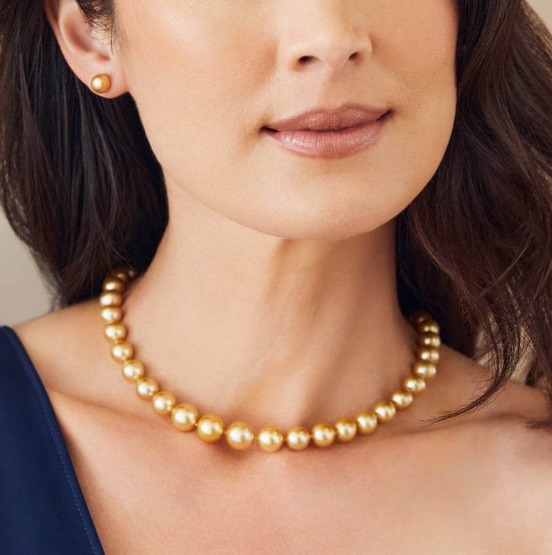 12-14mm Golden South Sea Pearl Necklace - AAAA Quality - Model Image