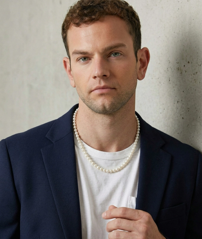 7.5-8.5mm White Freshwater Pearl Adjustable Necklace for Men - Model Image