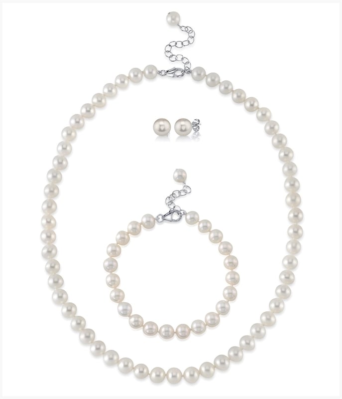 8.0-8.5mm White Freshwater Pearl Adjustable Necklace, Bracelet, Earrings Set