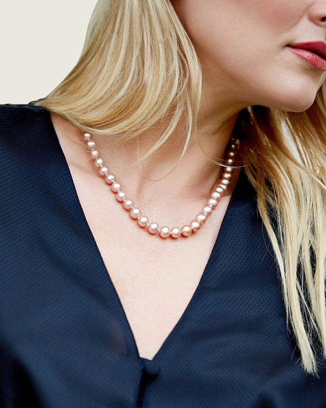 8.5-9.5mm Peach Freshwater Pearl Necklace - AAA Quality - Model Image