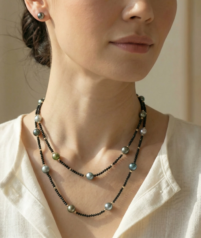 10-11mm Tahitian South Sea Multicolor Pearl & Gemstone Necklace - Model Image