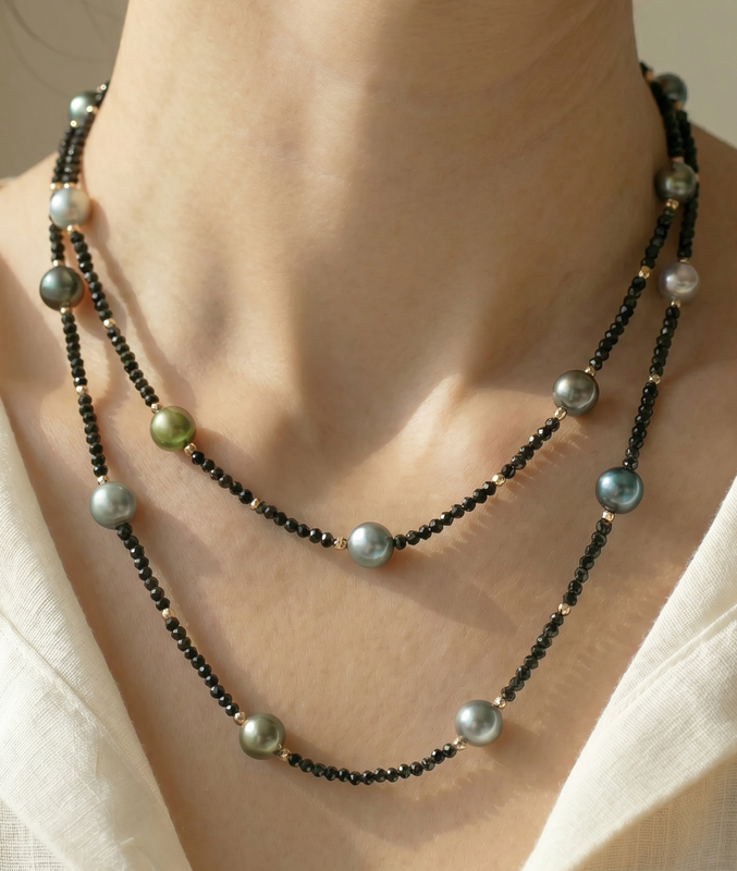 10-11mm Tahitian South Sea Multicolor Pearl & Gemstone Necklace - Secondary Image