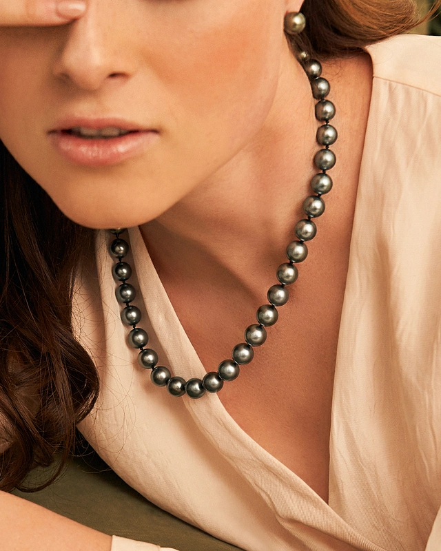 9-11.7mm Silver Tahitian South Sea Pearl Necklace - PSL Certified - Model Image