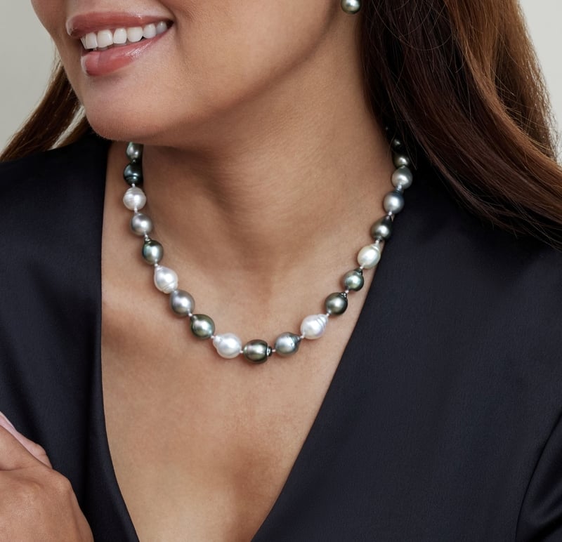 9-12mm Tahitian & White South Sea Multicolor Baroque Pearl Necklace - Model Image