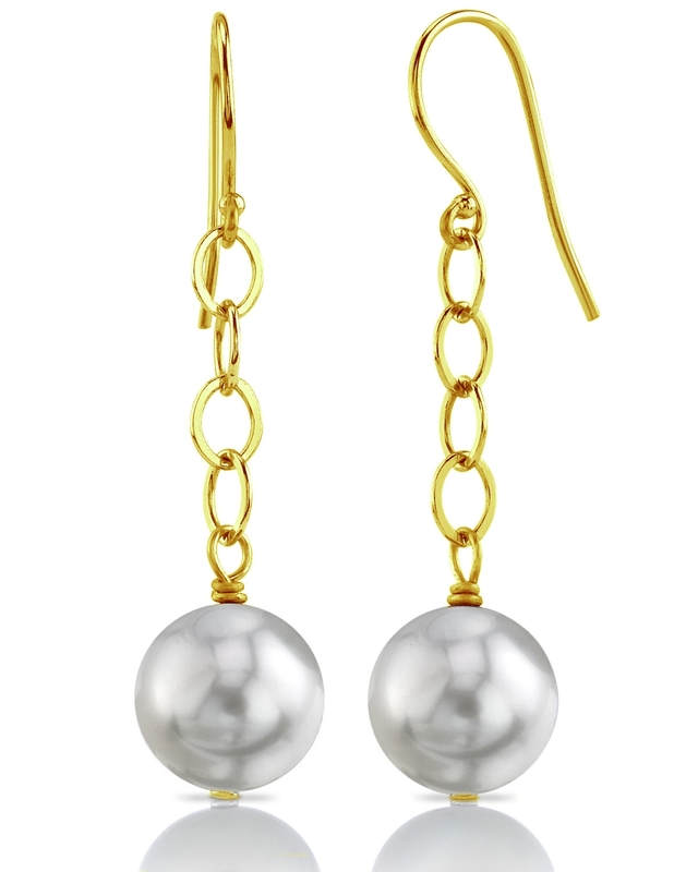14K Gold 8.5-9.0mm Japanese Akoya Round Pearl Dangling Tincup Earrings - AAA Quality - Model Image